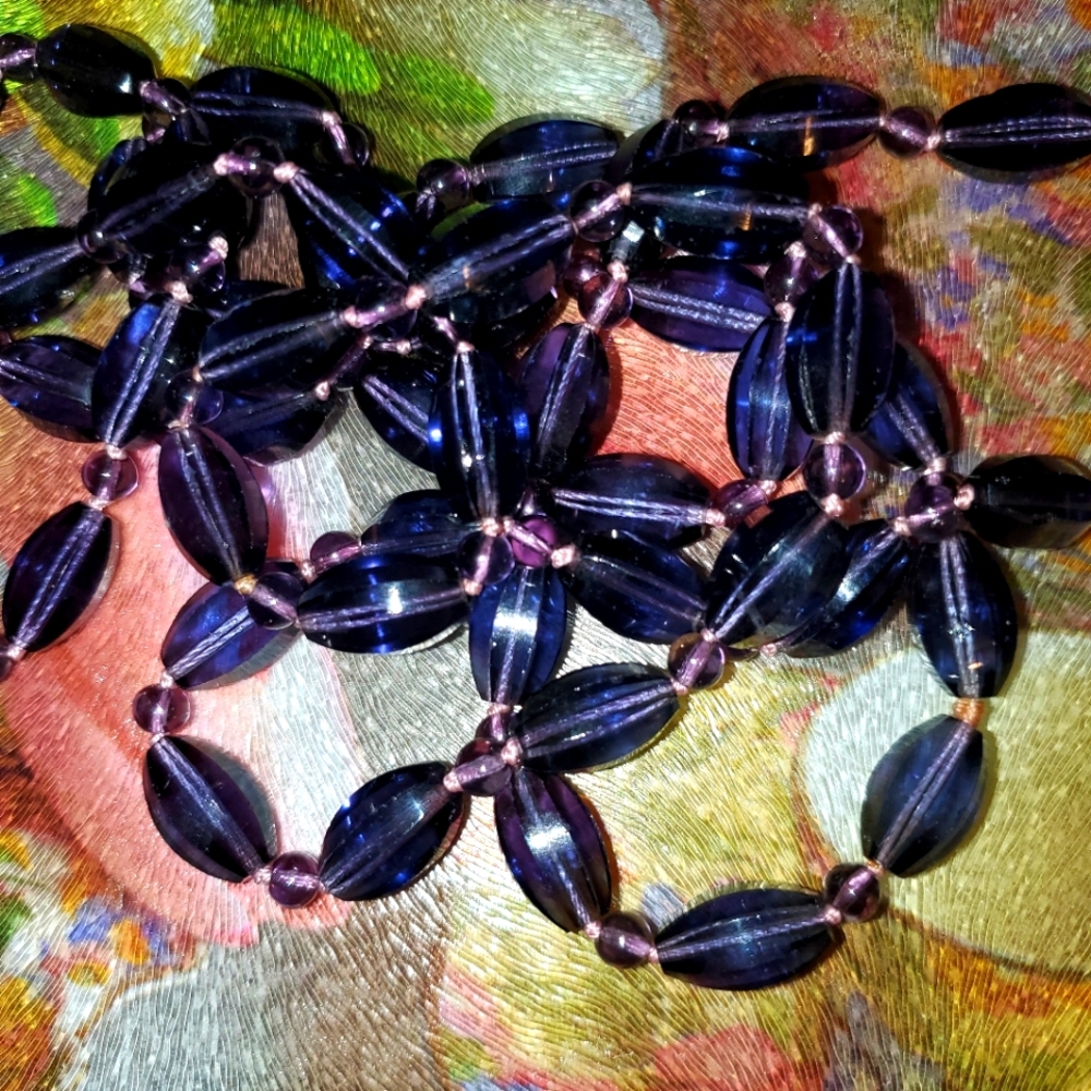Long Purple Knotted Glass Bead Necklace